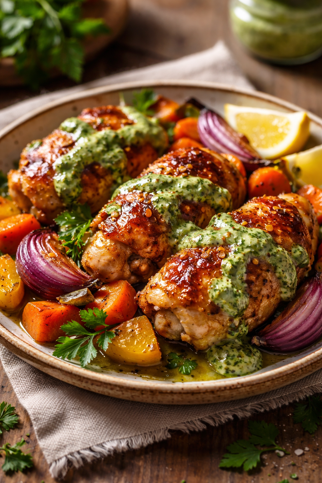 Pikantni medeni piletina s kremastim čimičuri sosom i karamelizovanim pečenim povrćem