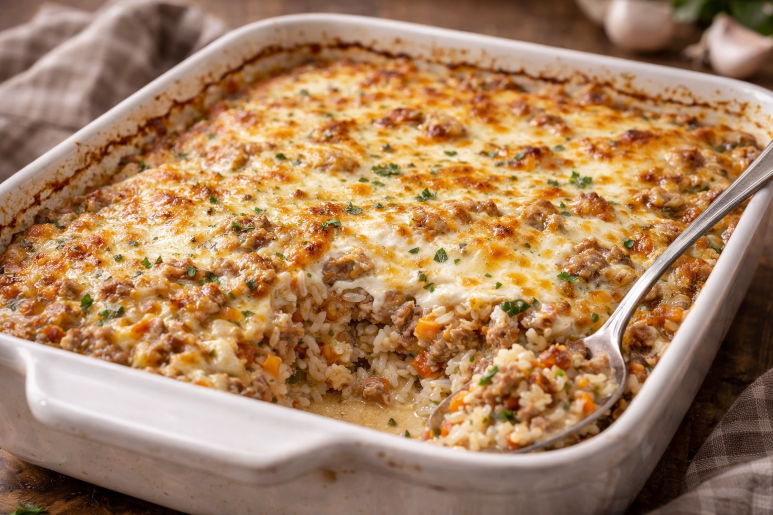 Zapečeni đuveč sa mlevenim mesom i jogurt prelivom