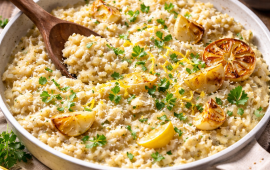 Kremasti rerni rižoto sa pečenim belim lukom, limunom i parmezanom