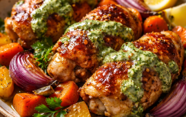 Pikantni medeni piletina s kremastim čimičuri sosom i karamelizovanim pečenim povrćem