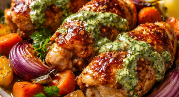 Pikantni medeni piletina s kremastim čimičuri sosom i karamelizovanim pečenim povrćem